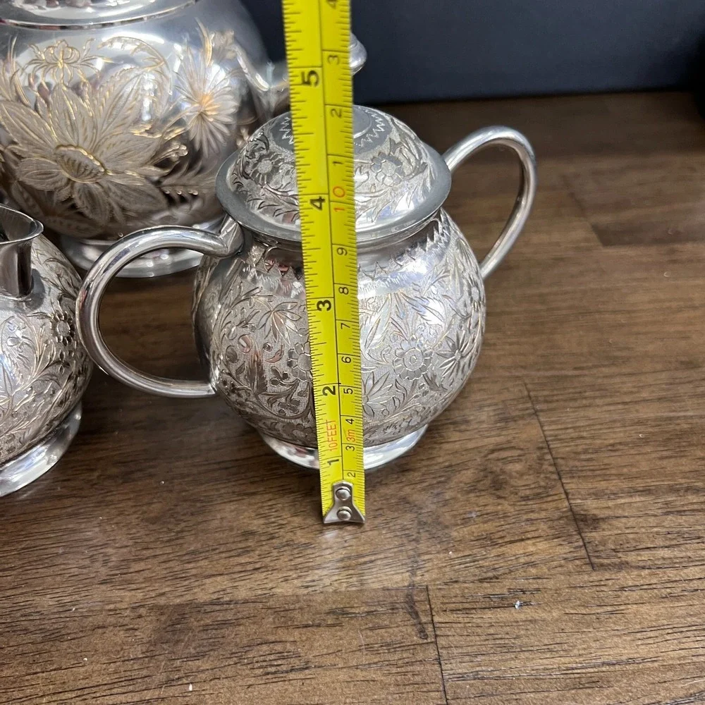 Vintage Wedding Silver Plated Floral Etched Footed Tea Set India, 1950 set of 3‎